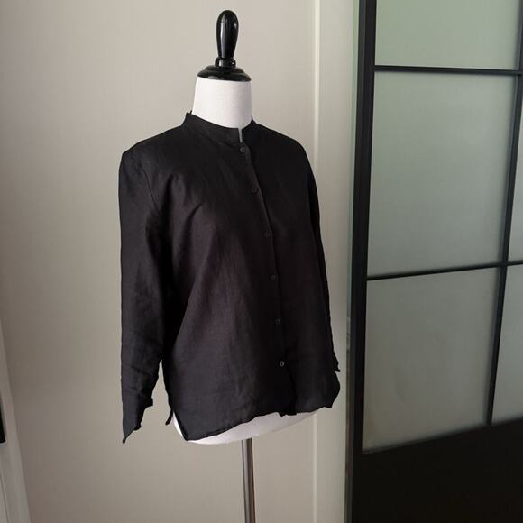 Eileen Fisher 100% Linen Jacket Blouse Top Black Size Medium Petite Woven - Picture 2 of 10